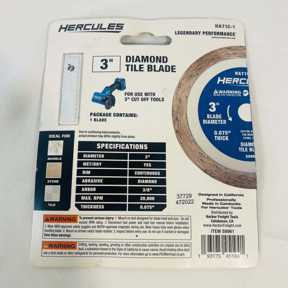 Hercules 3 in Diamond Tile Blade‎ HA71C-1 Continuous Rim 3/8 Arbor Wet Dry 58961 - Picture 2 of 2